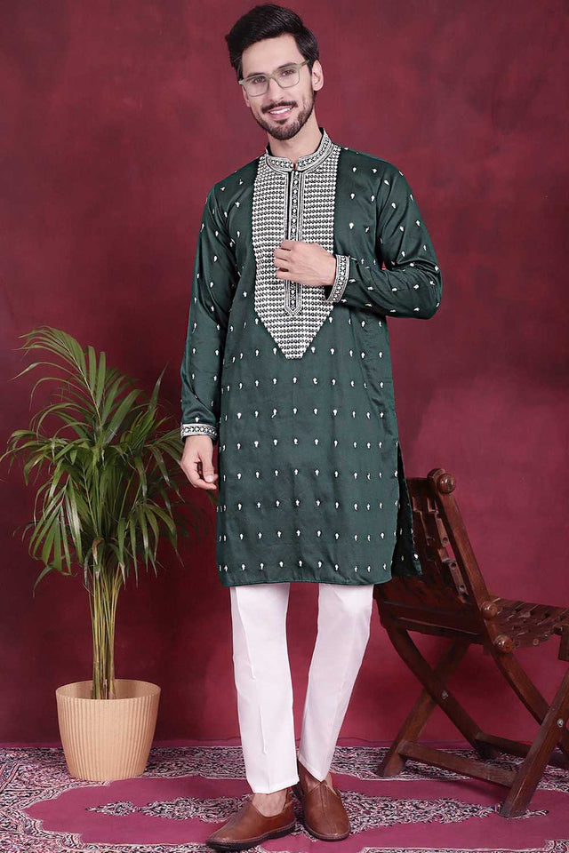 Olive-Green Sequin with Embroidered Cotton Men's Kurta Sets