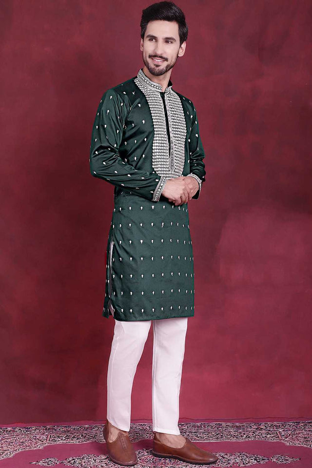 Olive-Green Sequin with Embroidered Cotton Men's Kurta Sets