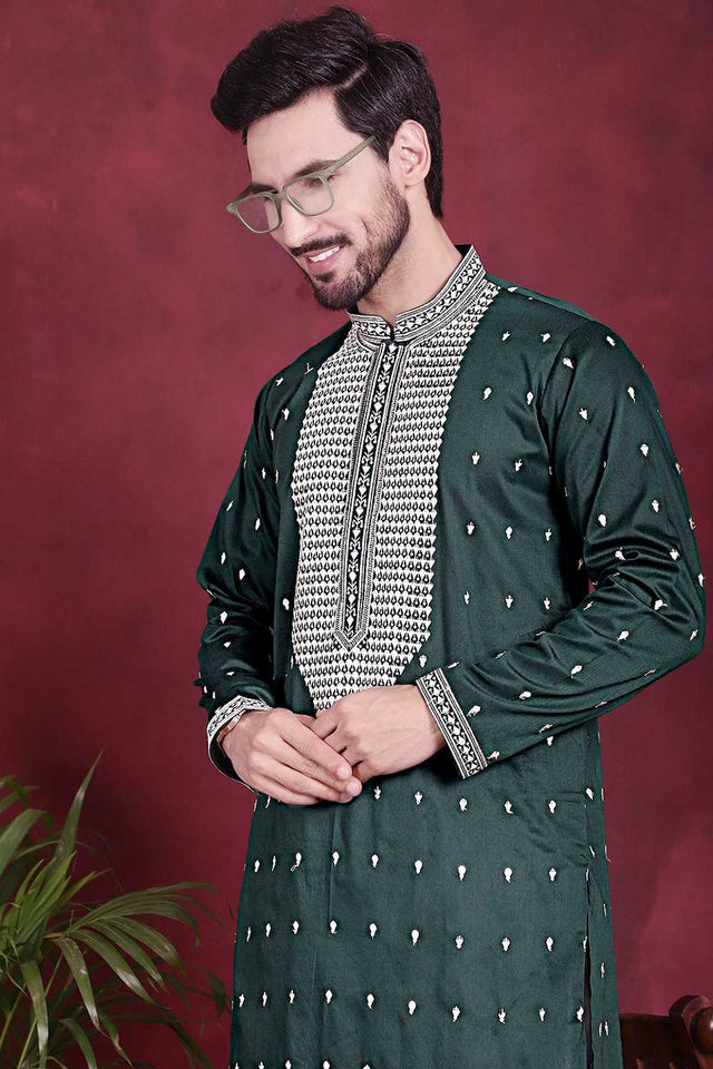 Olive-Green Sequin with Embroidered Cotton Men's Kurta Sets