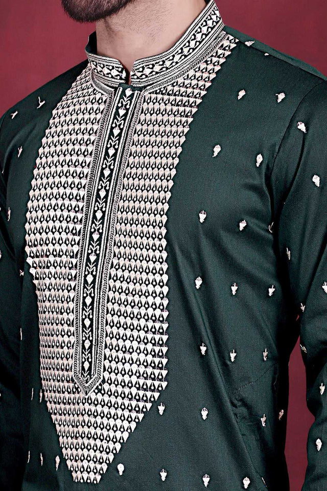 Olive-Green Sequin with Embroidered Cotton Men's Kurta Sets