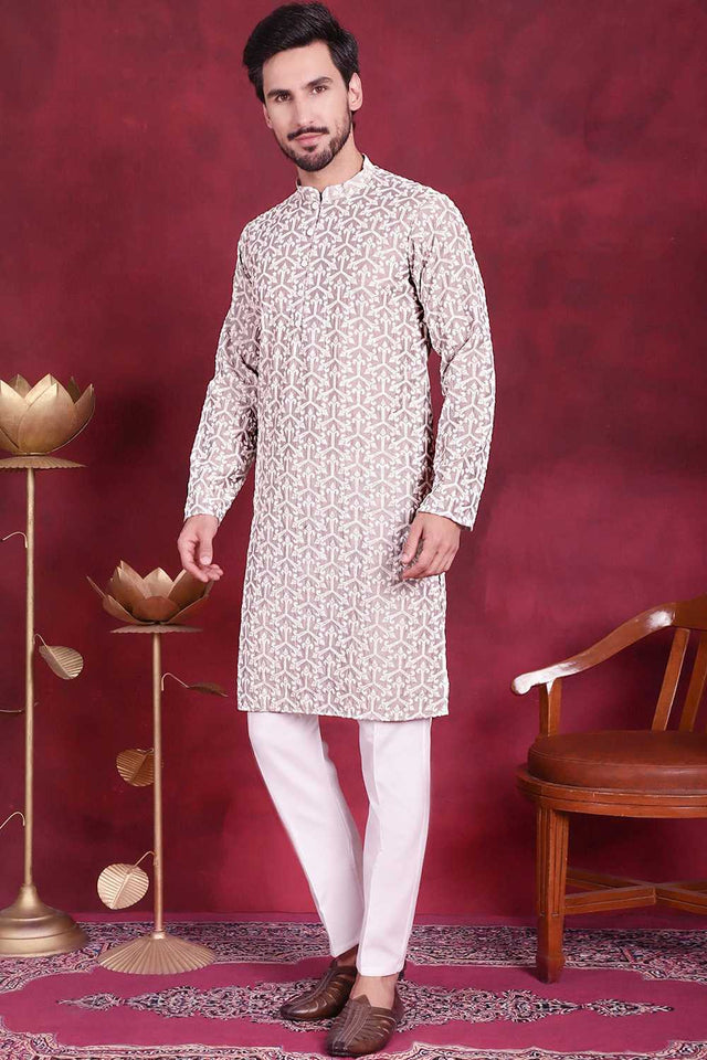 Grey Embroidered Cotton Men's Kurta Sets