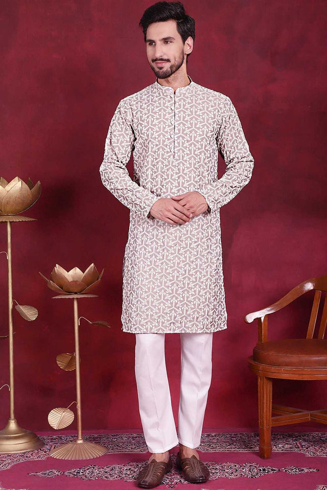 Grey Embroidered Cotton Men's Kurta Sets