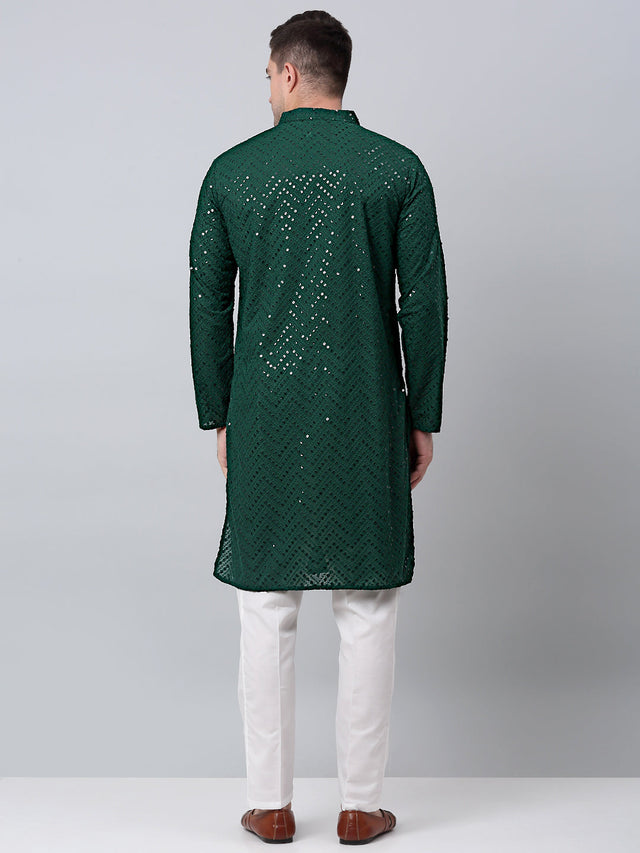 Men Olive Green Embroidered Sequined Kurta With Churidar (JOKP_P_680Olive)