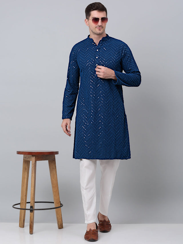Men Peacock Blue Embroidered Sequined Kurta With Churidar