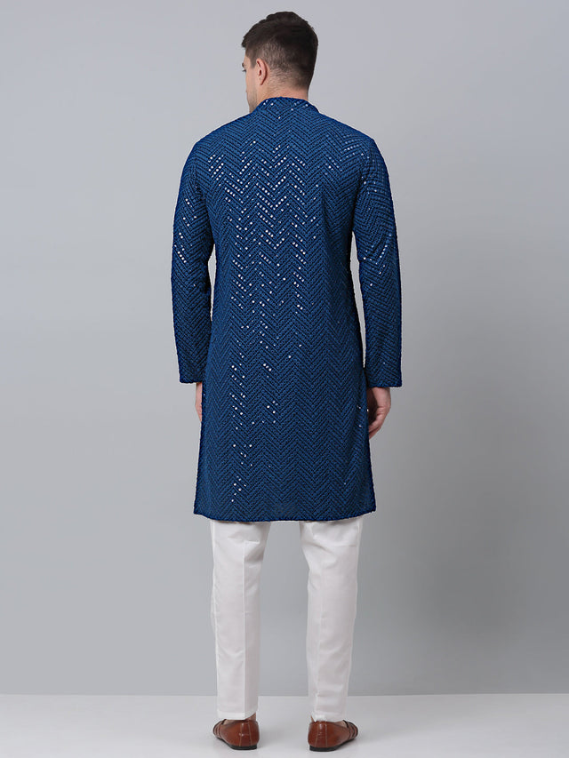 Men Peacock Blue Embroidered Sequined Kurta With Churidar