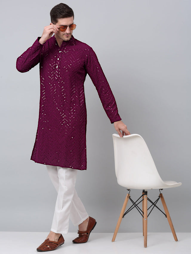 Men Purple Embroidered Sequined Kurta With Churidar