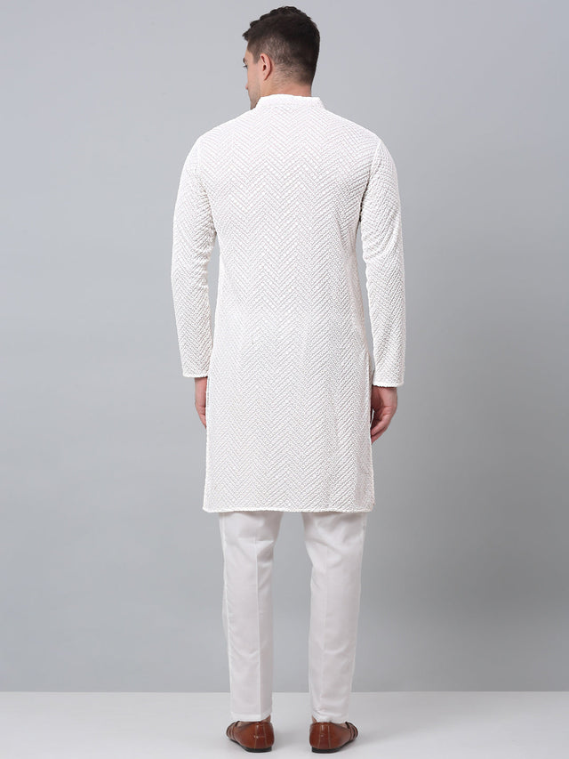 Men White Embroidered Sequined Kurta With Churidar