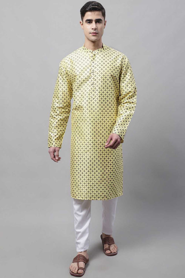 Yellow Geomatric Printed Silk Men's Kurta Sets