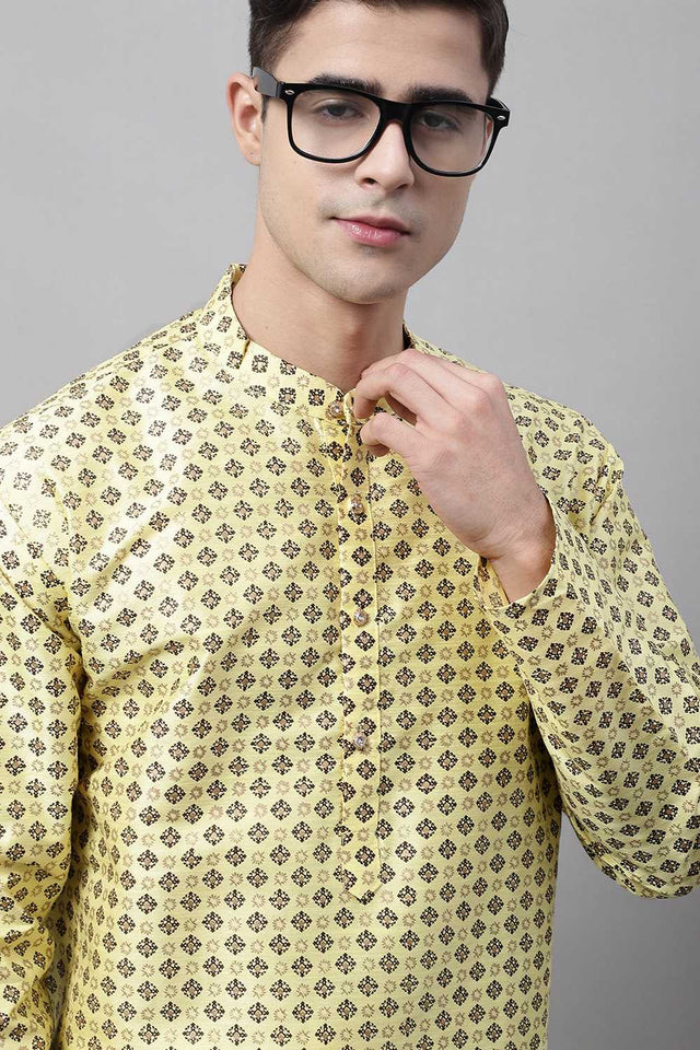 Yellow Geomatric Printed Silk Men's Kurta Sets