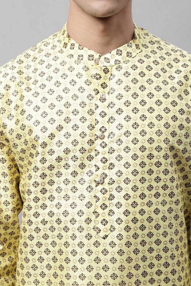 Yellow Geomatric Printed Silk Men's Kurta Sets