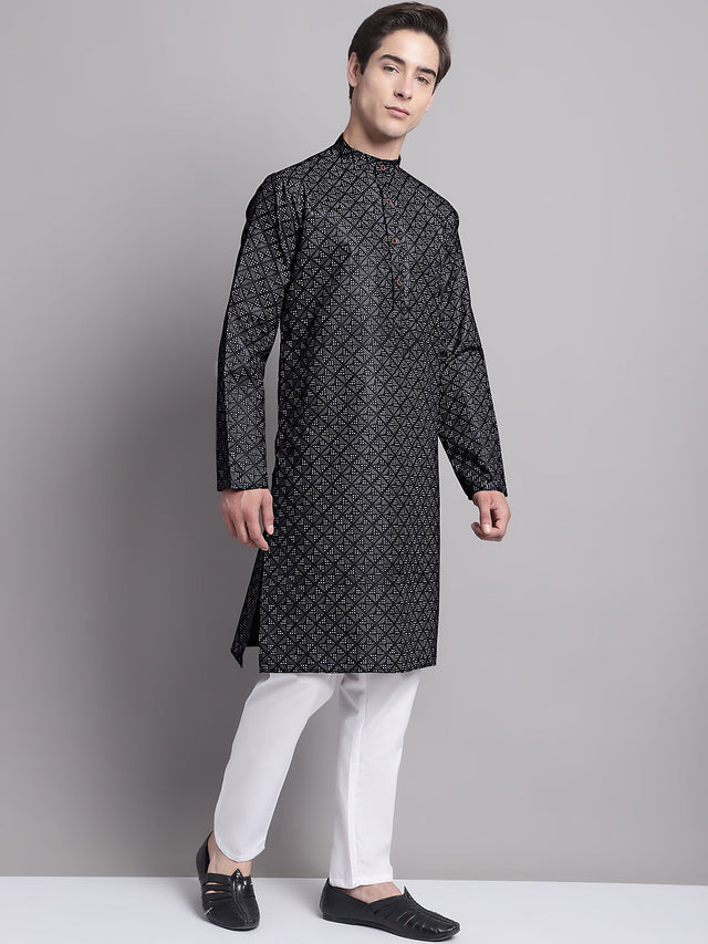 Men's Black Printed Pure Cotton Kurta Pajama Set