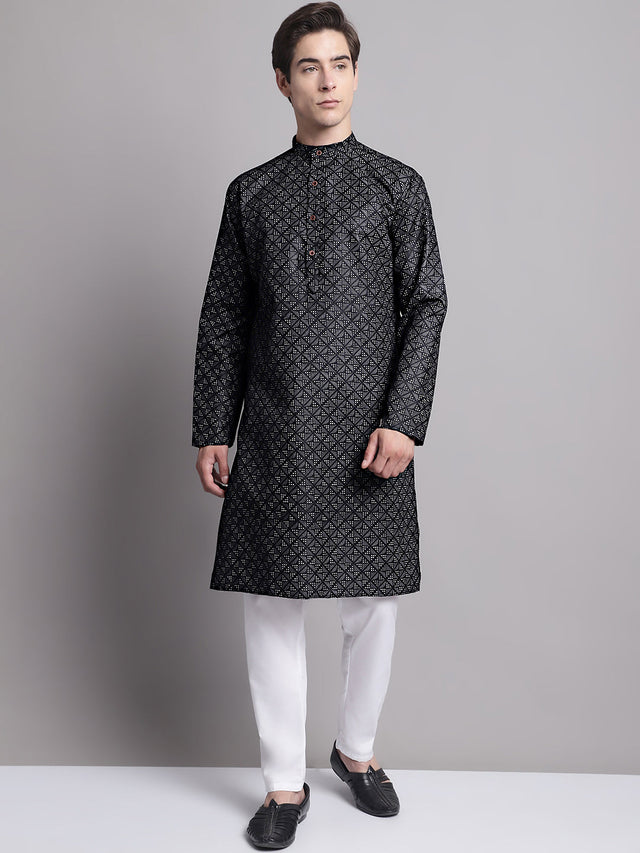 Men's Black Printed Pure Cotton Kurta Pajama Set