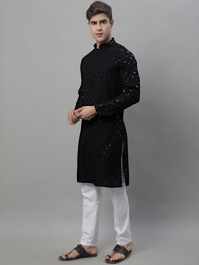 Men's Black Chikankari Embroidered And Sequin Kurta With Pajama