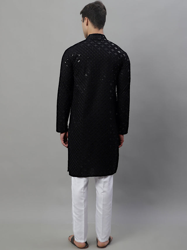 Men's Black Chikankari Embroidered And Sequin Kurta With Pajama