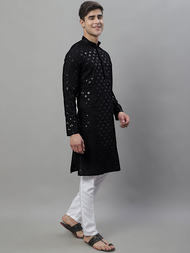 Men's Black Chikankari Embroidered And Sequin Kurta With Pajama