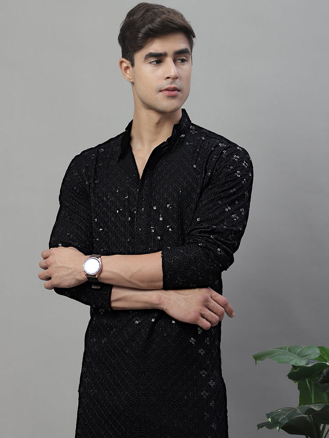 Men's Black Chikankari Embroidered And Sequin Kurta With Pajama