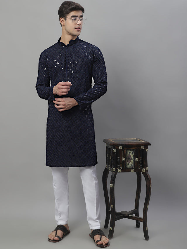 Men's Navy Blue Chikankari Embroidered And Sequin Kurta With Pajama