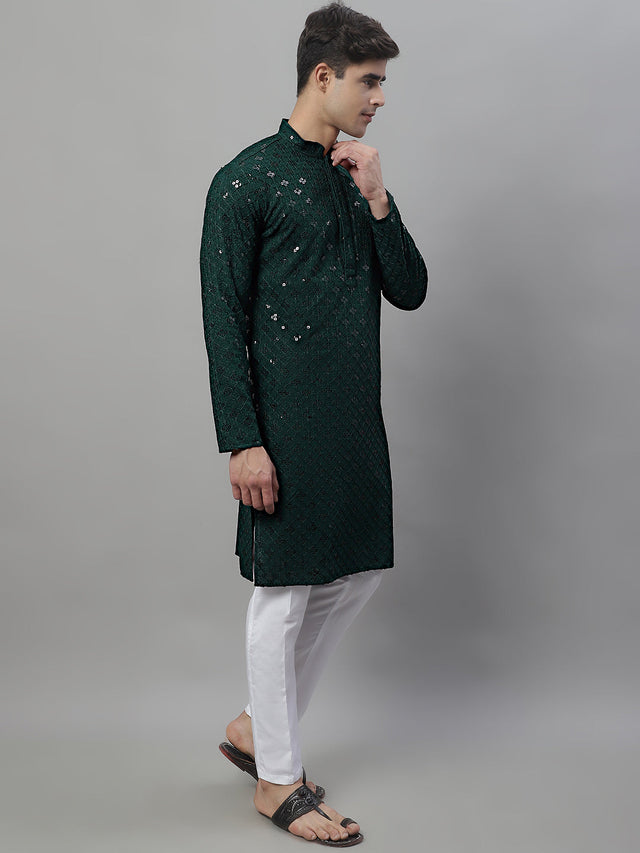 Men's Olive Green Chikankari Embroidered And Sequin Kurta With Pajama