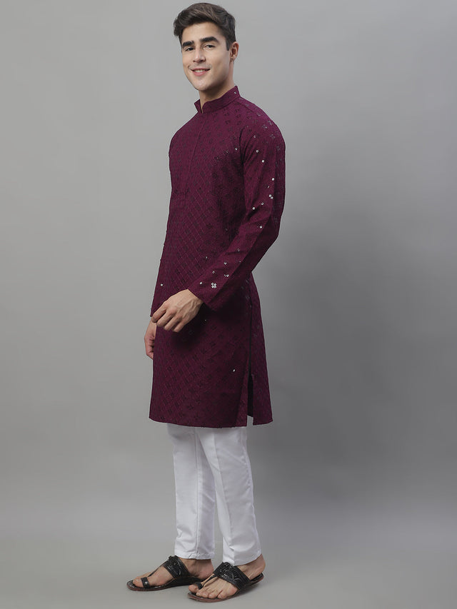 Men's Purple Chikankari Embroidered And Sequin Kurta With Pajama