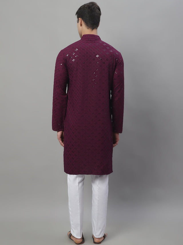Men's Purple Chikankari Embroidered And Sequin Kurta With Pajama
