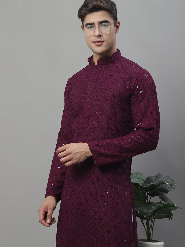Men's Purple Chikankari Embroidered And Sequin Kurta With Pajama