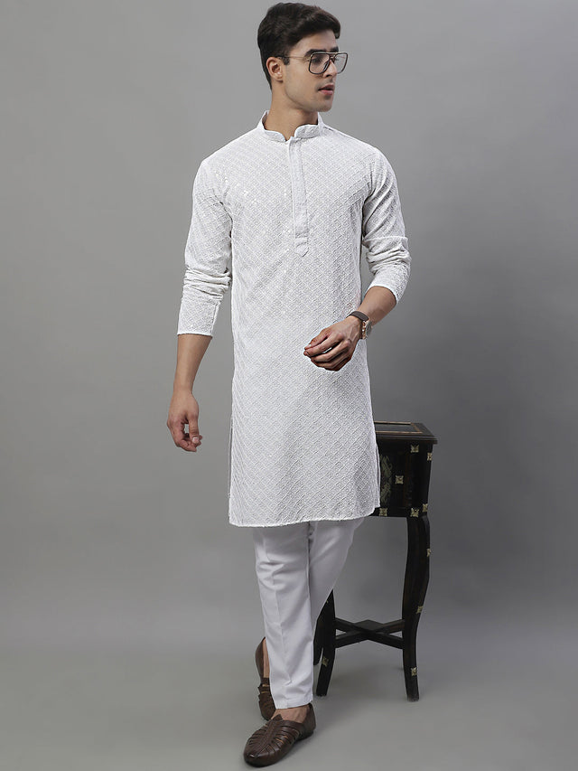 Men's White Chikankari Embroidered And Sequin Kurta With Pajama