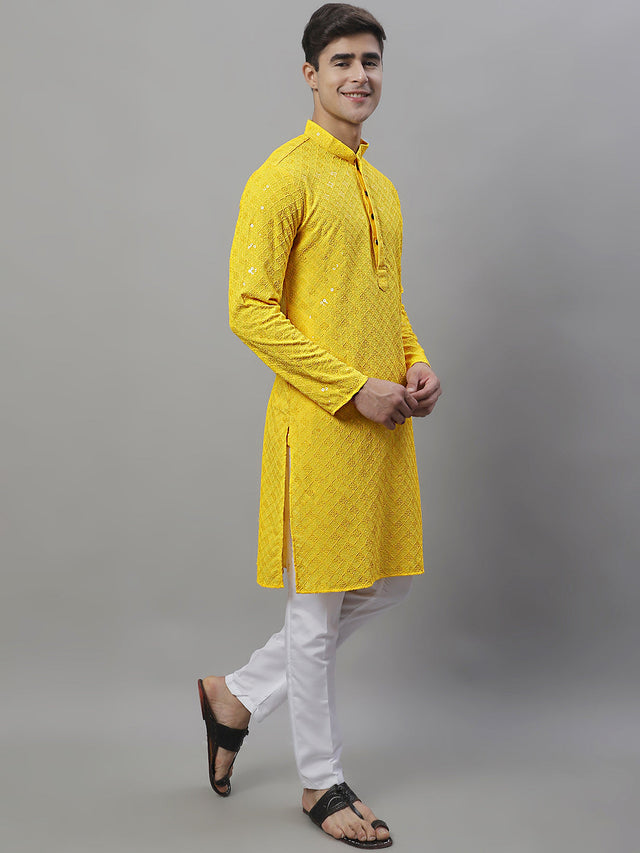 Men's Yellow Chikankari Embroidered And Sequin Kurta With Pajama