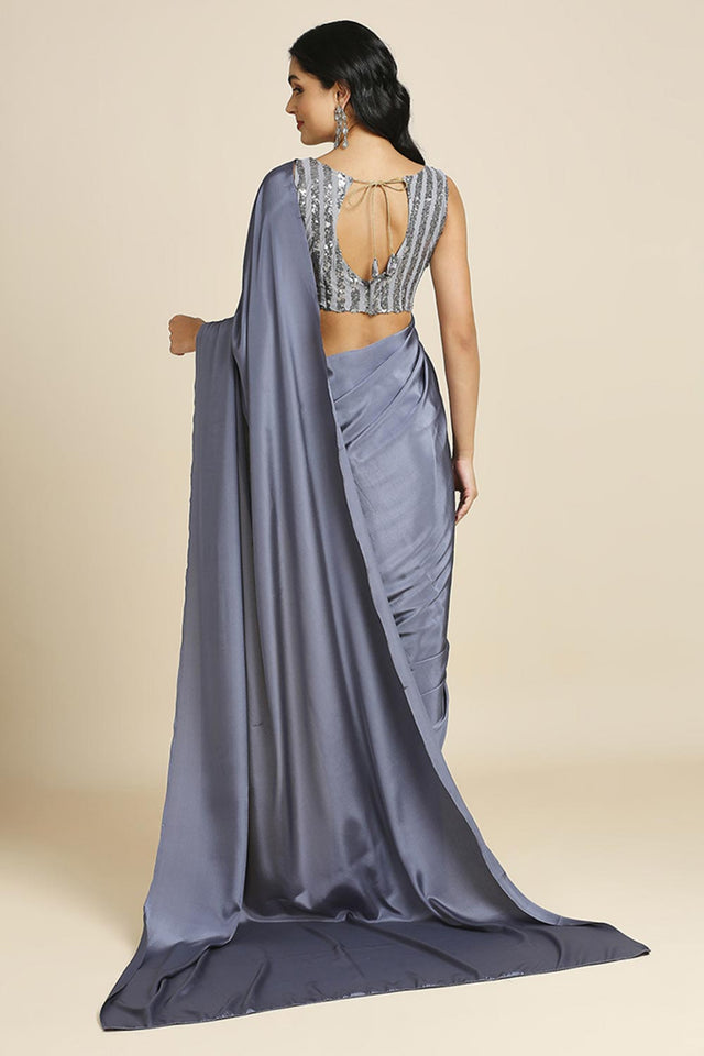 Grey Burfi Silk Saree With Lycra Sequins Unstitch Blouse