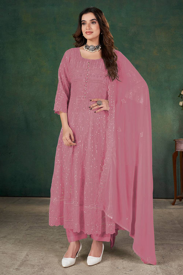 Pink Sequin Georgette Kurti Pant Set