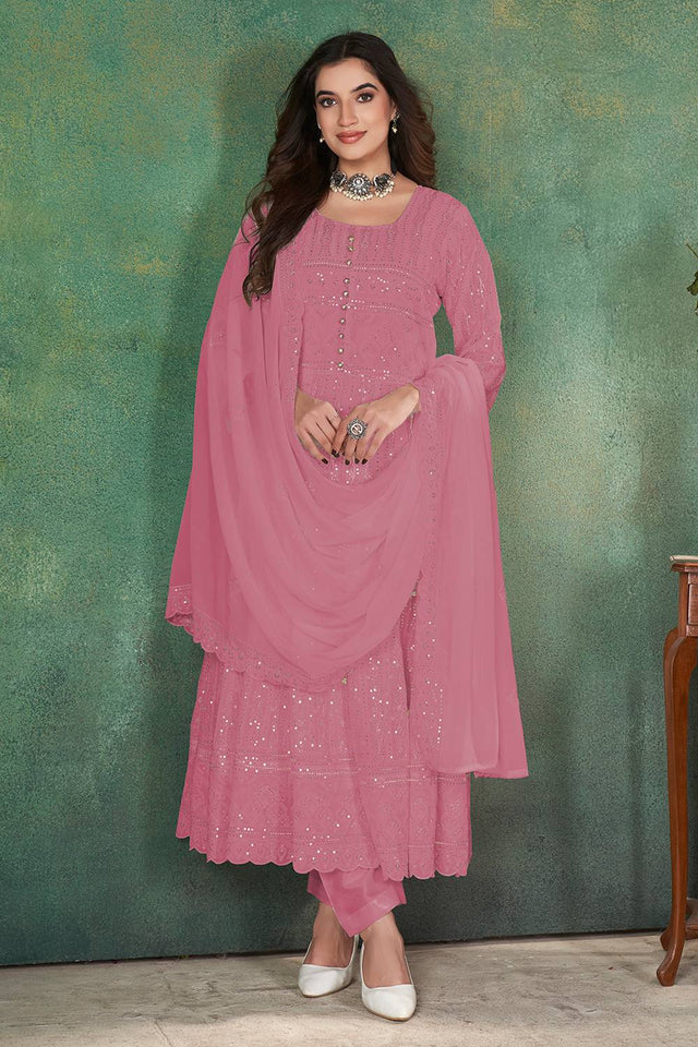 Pink Sequin Georgette Kurti Pant Set
