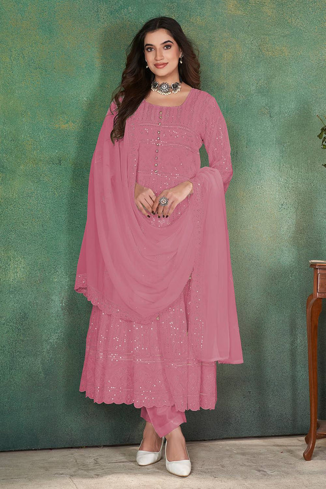Pink Sequin Georgette Kurti Pant Set
