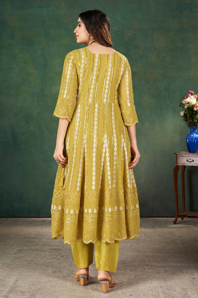 Yellow Sequin with Embroidered Georgette Kurti Pant Set