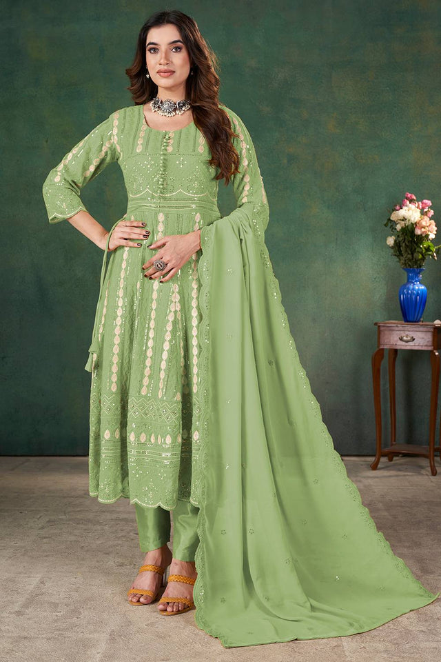 Green Sequin with Embroidered Georgette Kurti Pant Set