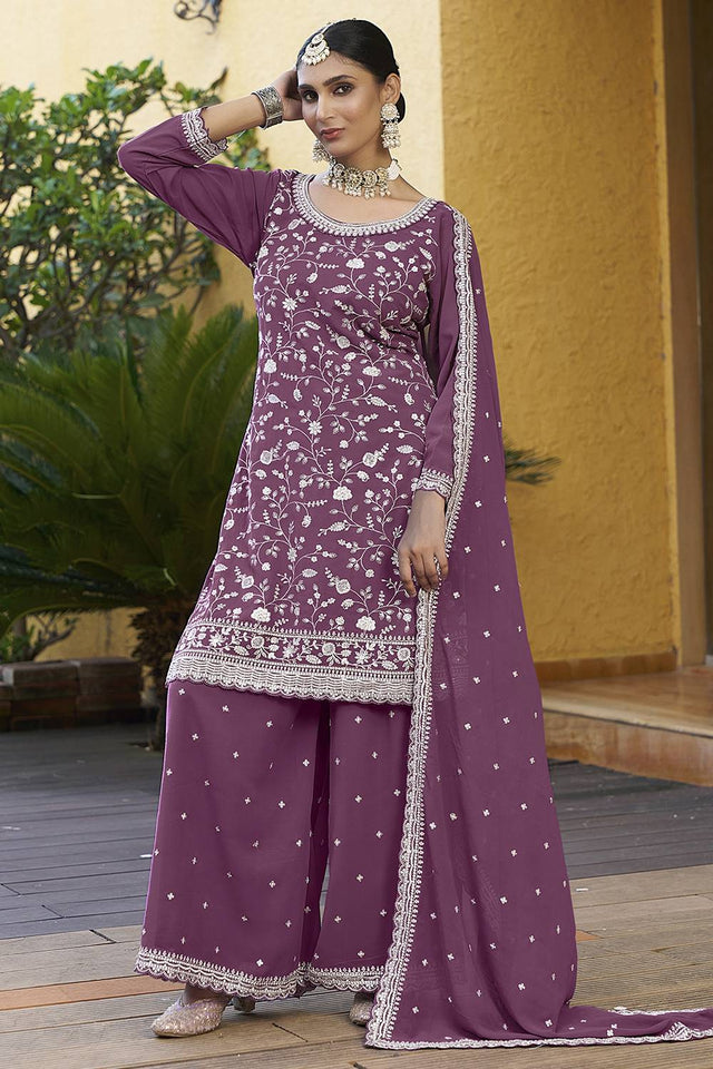 Dark Pink Floral Embroidered Georgette Sharara Suits