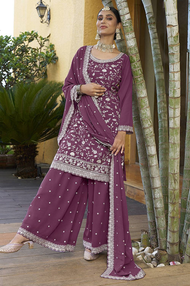 Dark Pink Floral Embroidered Georgette Sharara Suits