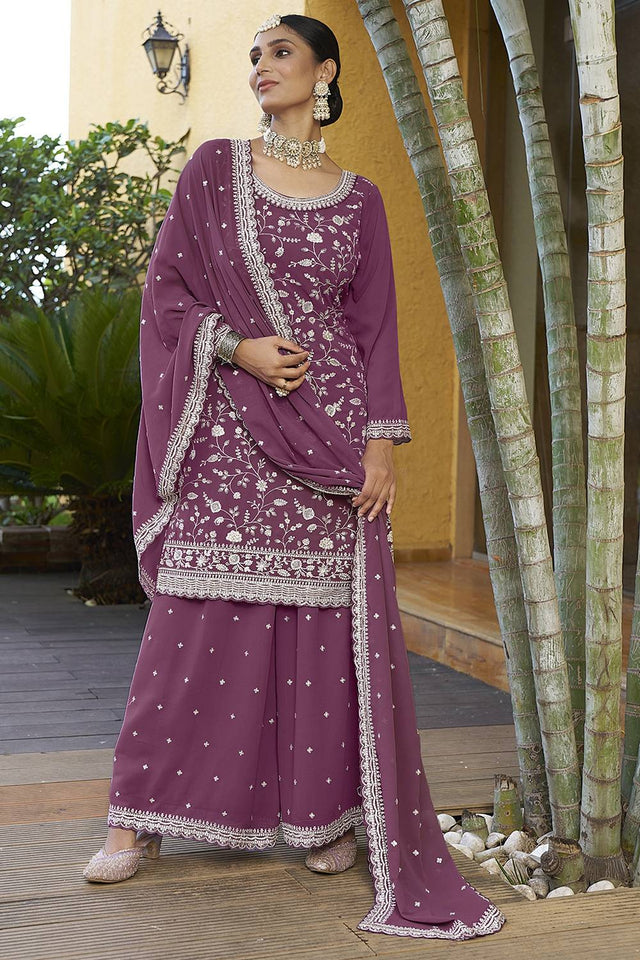 Dark Pink Floral Embroidered Georgette Sharara Suits