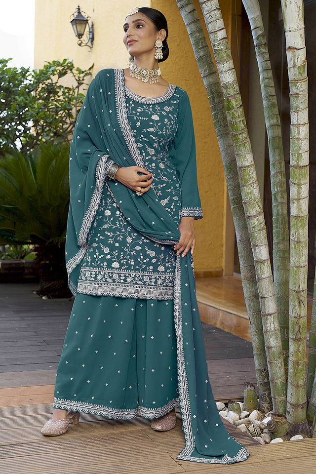 Green Floral Embroidered Georgette Sharara Suits