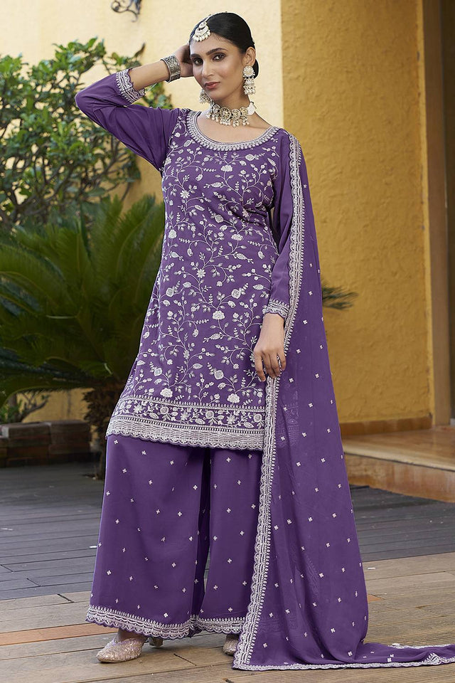 Violet Floral Embroidered Georgette Sharara Suits