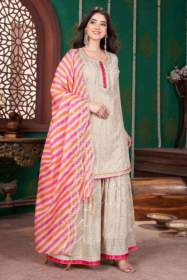 Multi Color Sequin With Embroidered Georgette Palazzo Suits