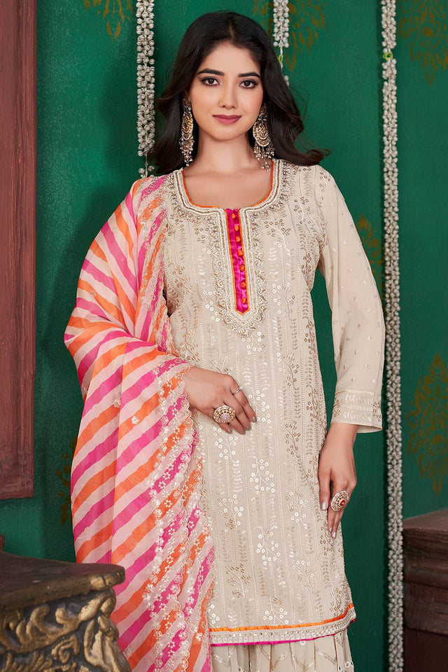Multi Color Sequin With Embroidered Georgette Palazzo Suits