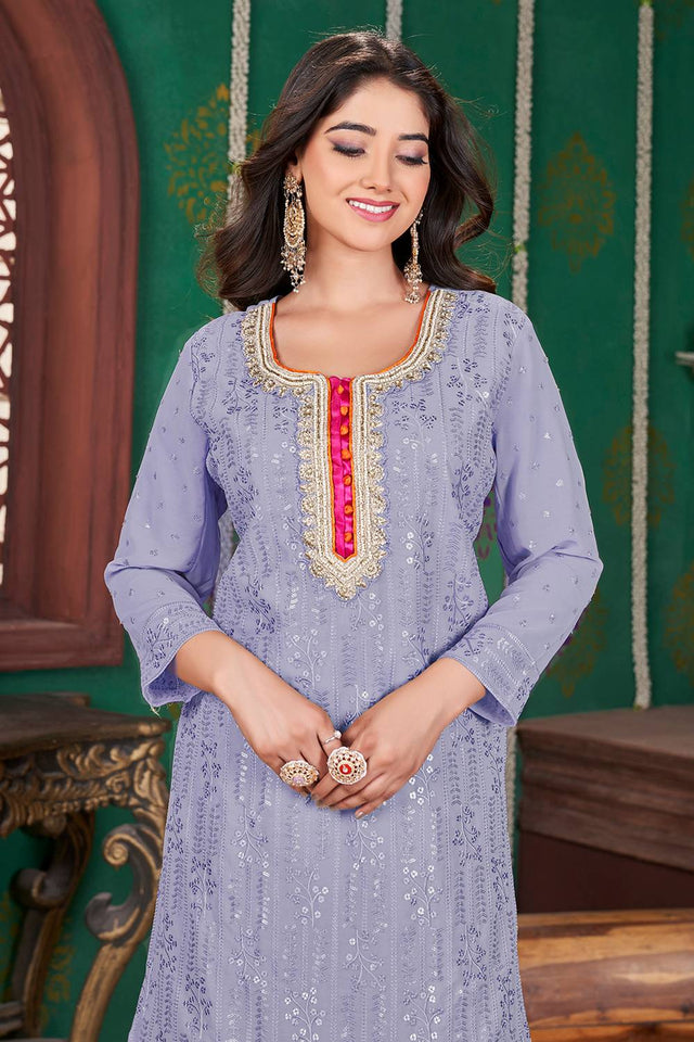 Lavender Sequin With Embroidered Georgette Palazzo Suits