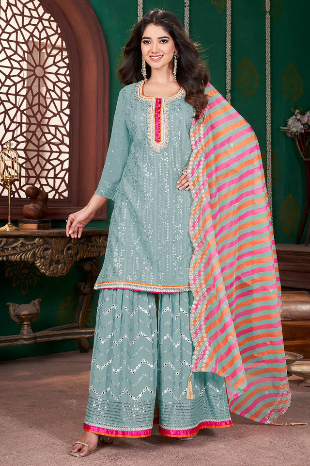 Sea Green Sequin With Embroidered Georgette Palazzo Suits