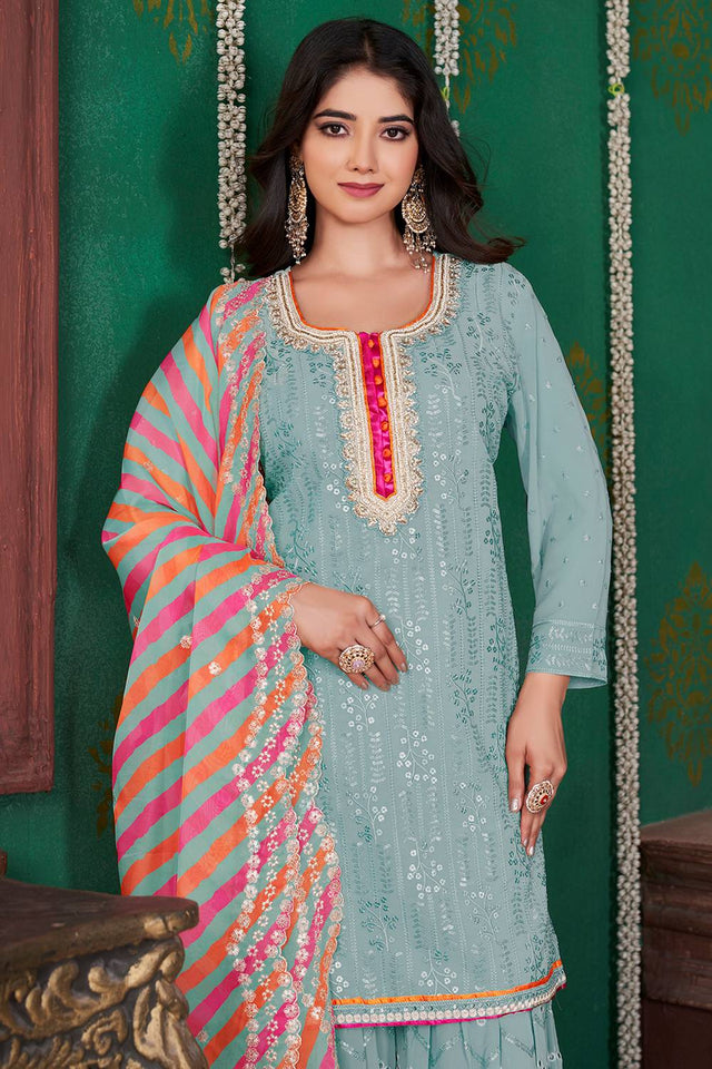 Sea Green Sequin With Embroidered Georgette Palazzo Suits