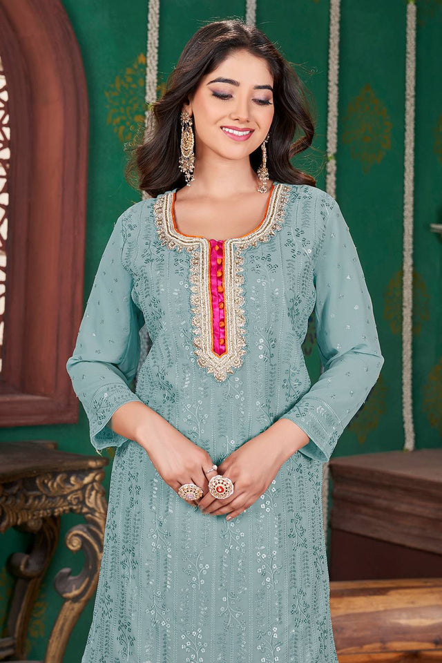 Sea Green Sequin With Embroidered Georgette Palazzo Suits