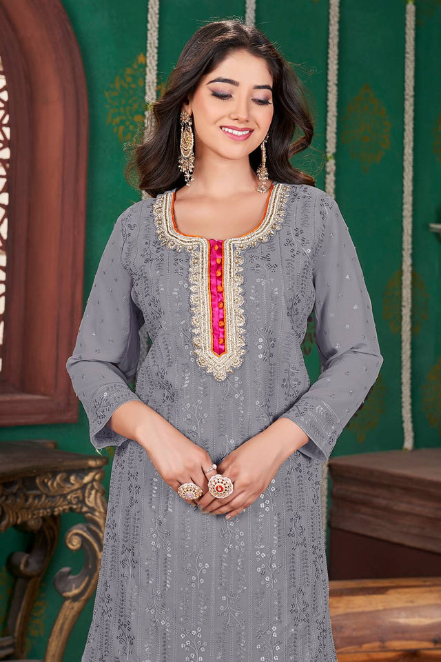 Grey Sequin With Embroidered Georgette Palazzo Suits