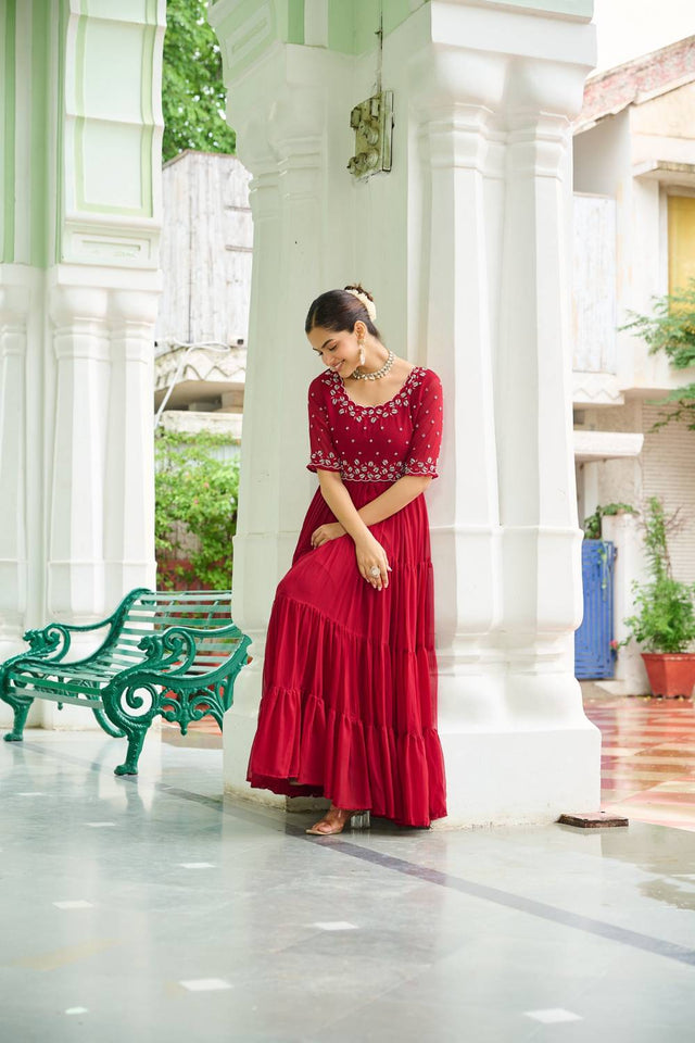 Maroon Embroidered Georgette Gown