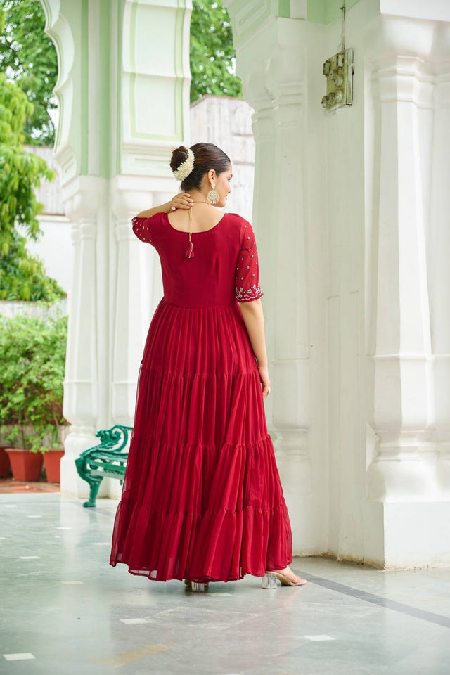 Maroon Embroidered Georgette Gown