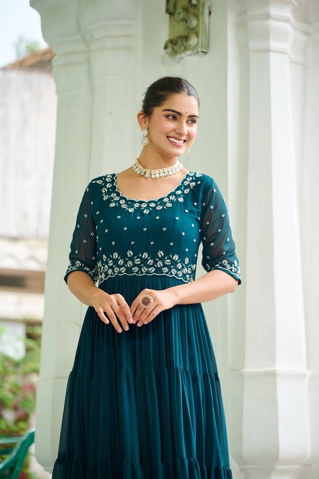 Turquoise Embroidered Georgette Gown