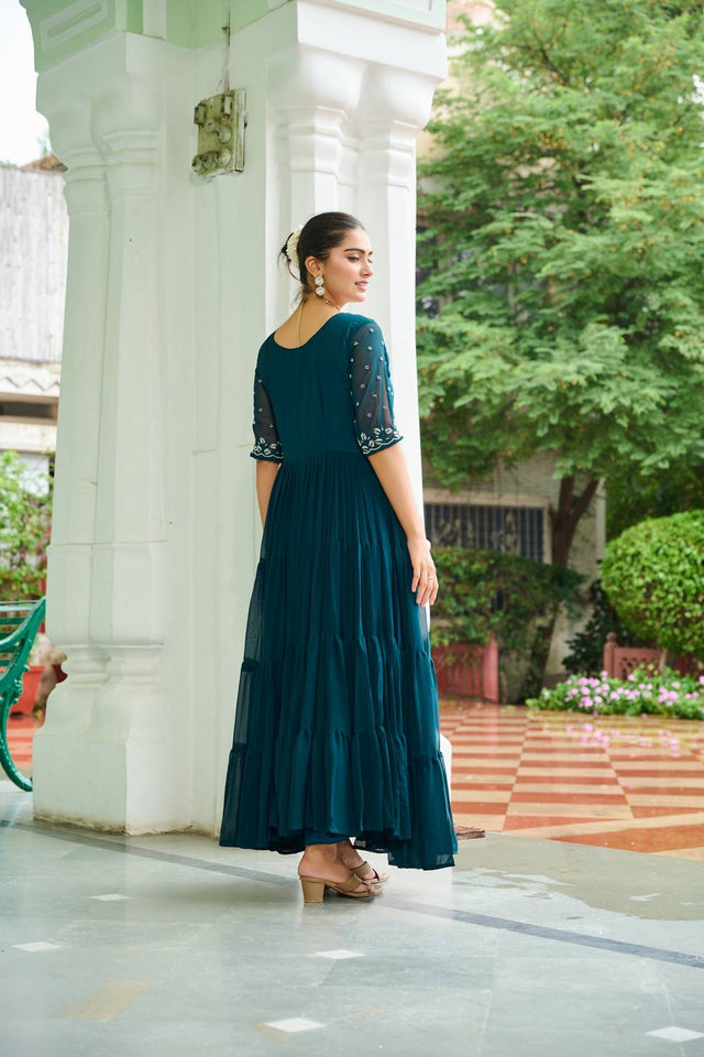 Turquoise Embroidered Georgette Gown