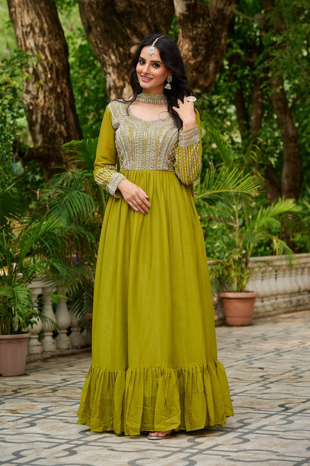 Green Sequin With Embroidered Georgette Gown